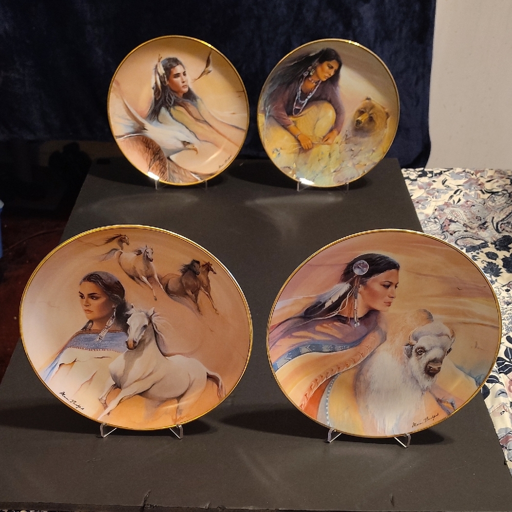Set of Four Vintage Decorative Plates with Native American Art